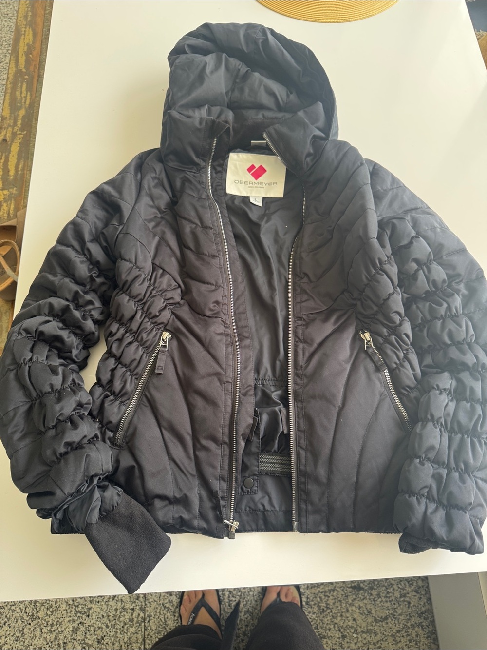 Obermeyer Black Quilted Hooded Puffer Jacket with Ruched Sleeves